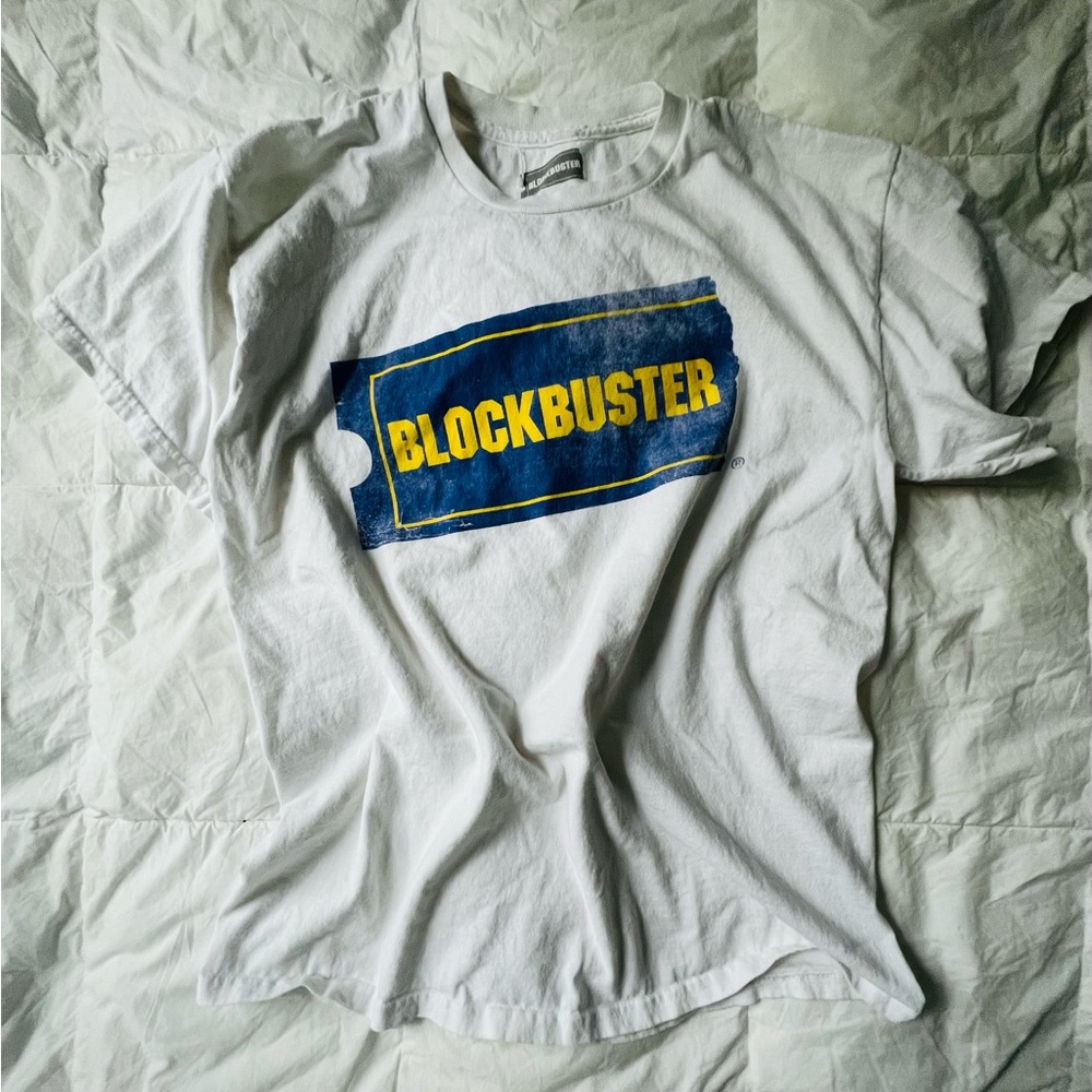 White and blue Blockbuster movie tee